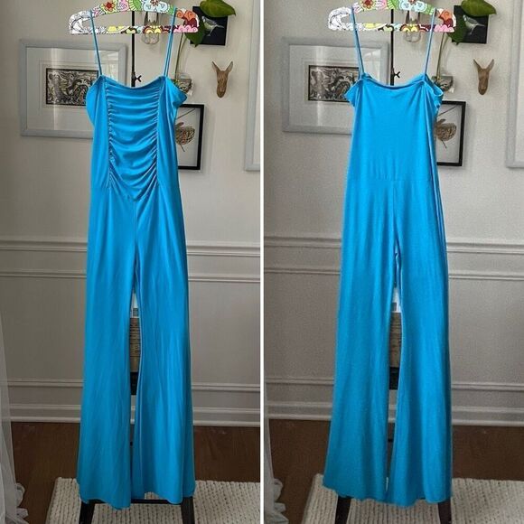 Vintage Y2K Lemon USA Flare Leg Jumpsuit Turquoise L - Picture 1 of 8